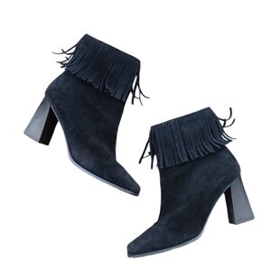 Vintage Pazzo Tune Black Suede Fringe Heeled Boots Booties size 6.5